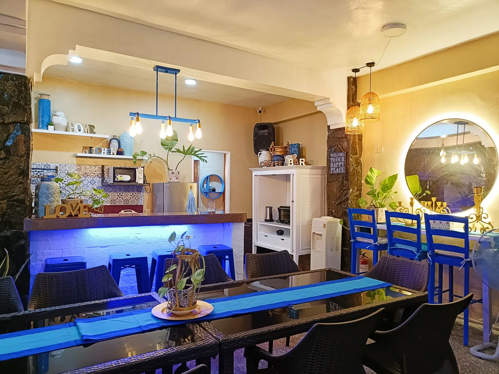 The kitchen counter and long dining table